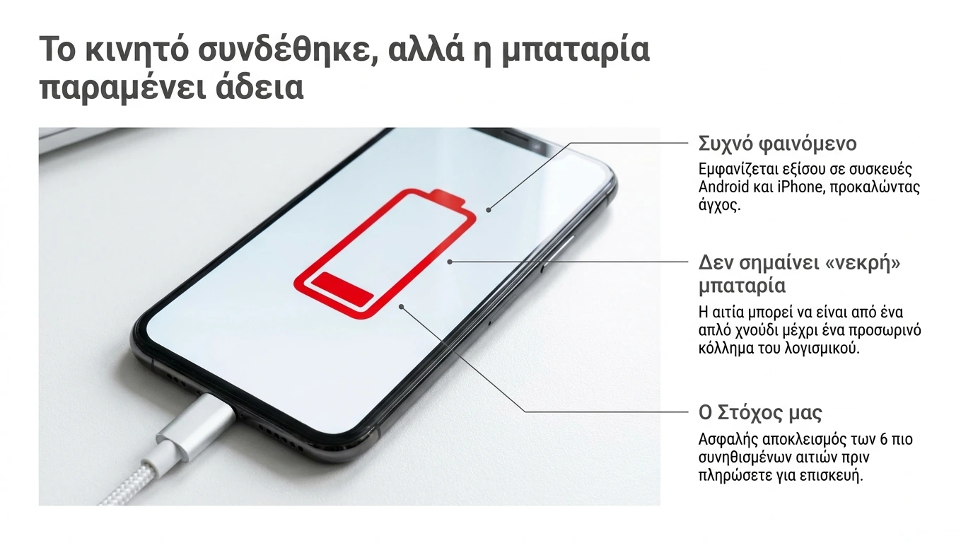 Κινητό συνδεδεμένο με καλώδιο φόρτισης και κόκκινη άδεια μπαταρία στην οθόνη, με τρεις επεξηγήσεις για το συχνό φαινόμενο