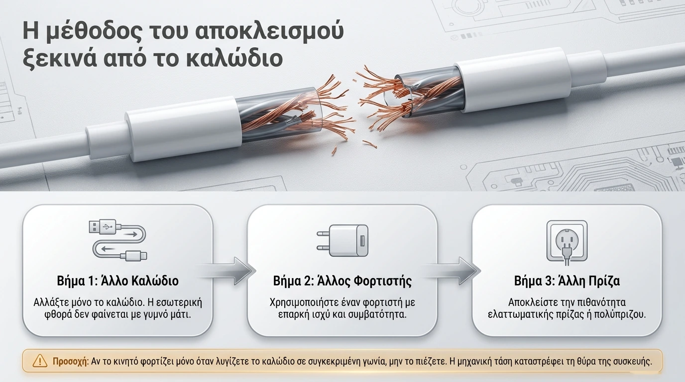 Τα τρία βήματα αποκλεισμού: άλλο καλώδιο, άλλος φορτιστής, άλλη πρίζα, με προειδοποίηση για μηχανική τάση στη θύρα