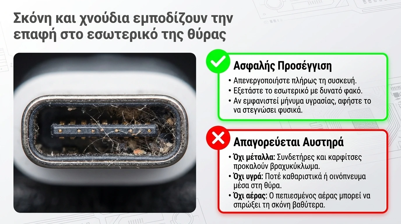 Κοντινή φωτογραφία θύρας USB-C γεμάτης χνούδι και σκόνη, με οδηγίες για ασφαλή προσέγγιση και απαγορευμένες ενέργειες