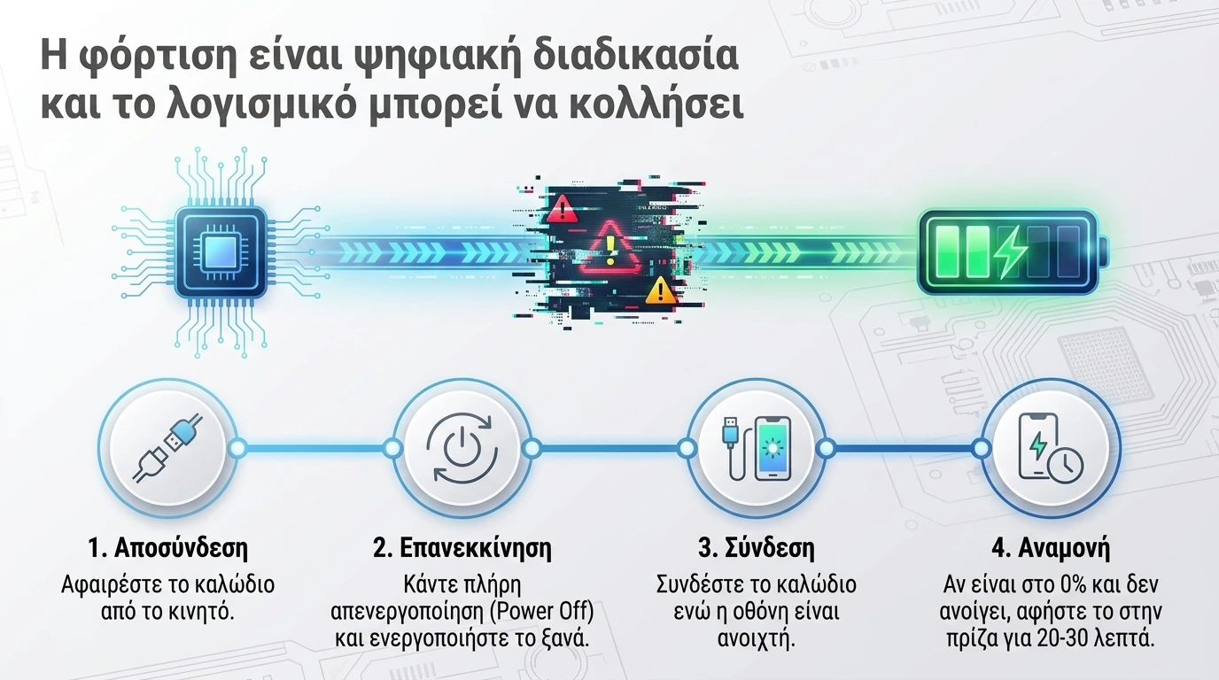Τα τέσσερα βήματα για κόλλημα λογισμικού στη φόρτιση: αποσύνδεση, επανεκκίνηση, σύνδεση και αναμονή