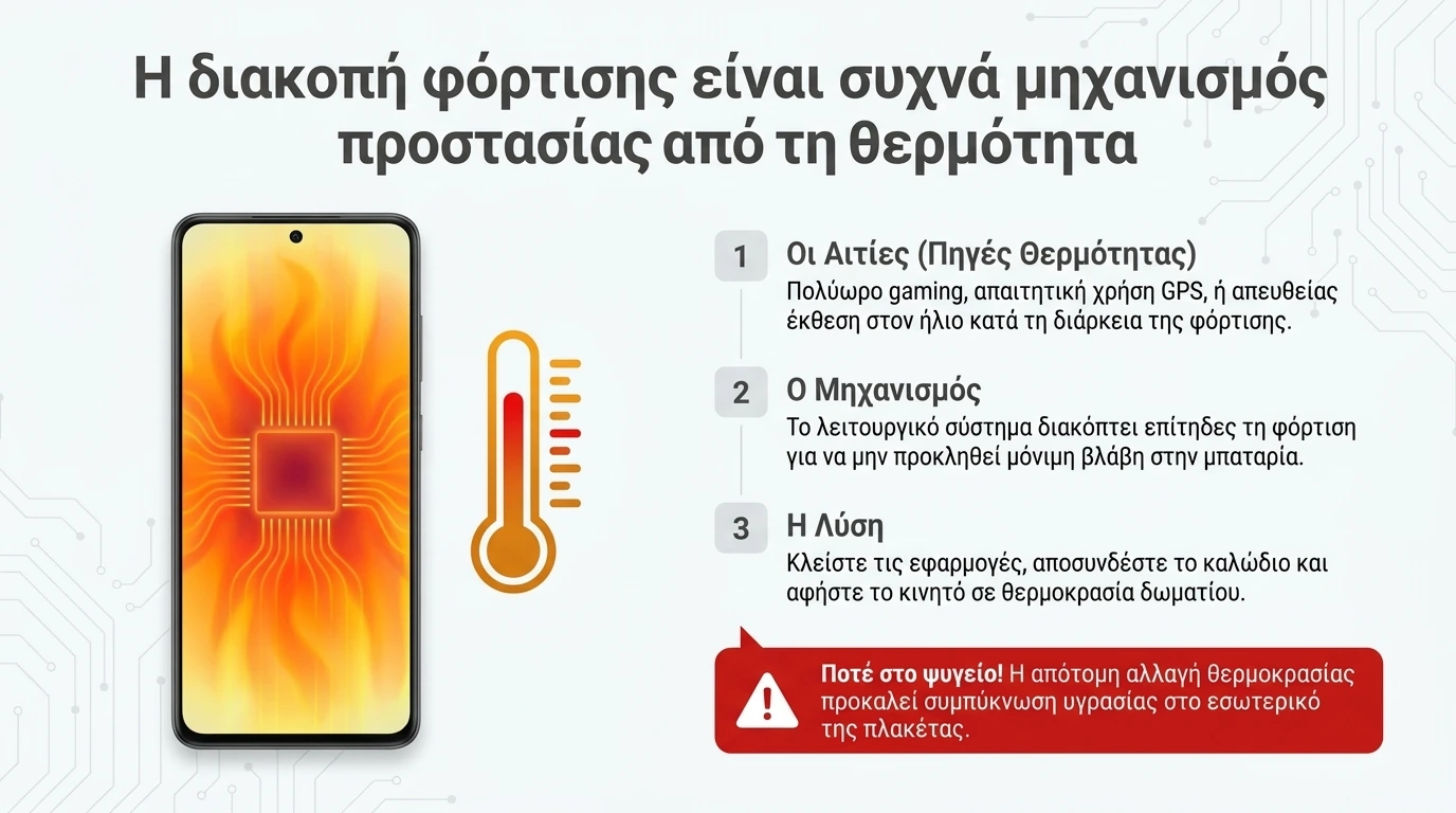 Κινητό με πορτοκαλί θερμικό εφέ και θερμόμετρο, με τις αιτίες, τον μηχανισμό και τη λύση για τη διακοπή φόρτισης λόγω θερμοκρασίας