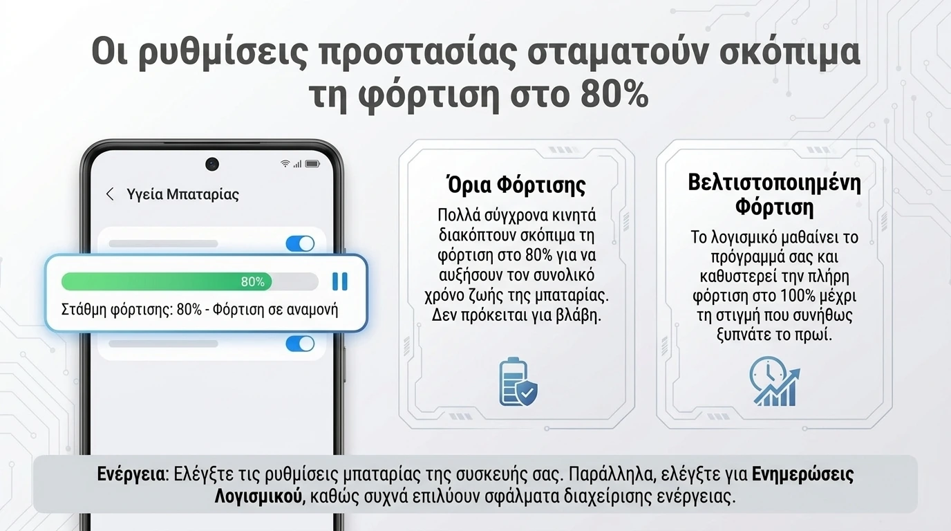 Οθόνη ρυθμίσεων υγείας μπαταρίας με φόρτιση σε αναμονή στο 80%, και δύο κάρτες για τα όρια φόρτισης και τη βελτιστοποιημένη φόρτιση