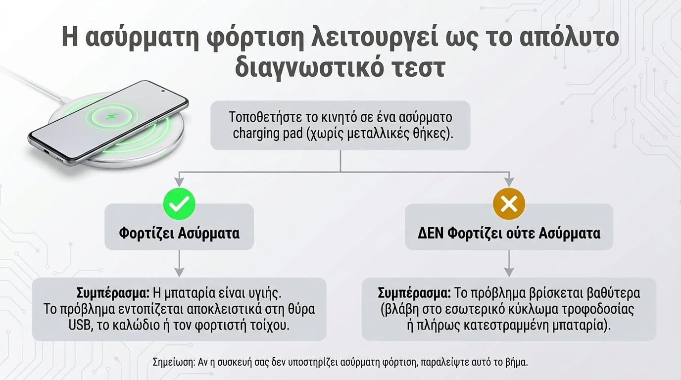 Διάγραμμα απόφασης για τη δοκιμή ασύρματης φόρτισης: αν φορτίζει ασύρματα το πρόβλημα είναι στη θύρα ή το καλώδιο, αν όχι είναι βαθύτερο