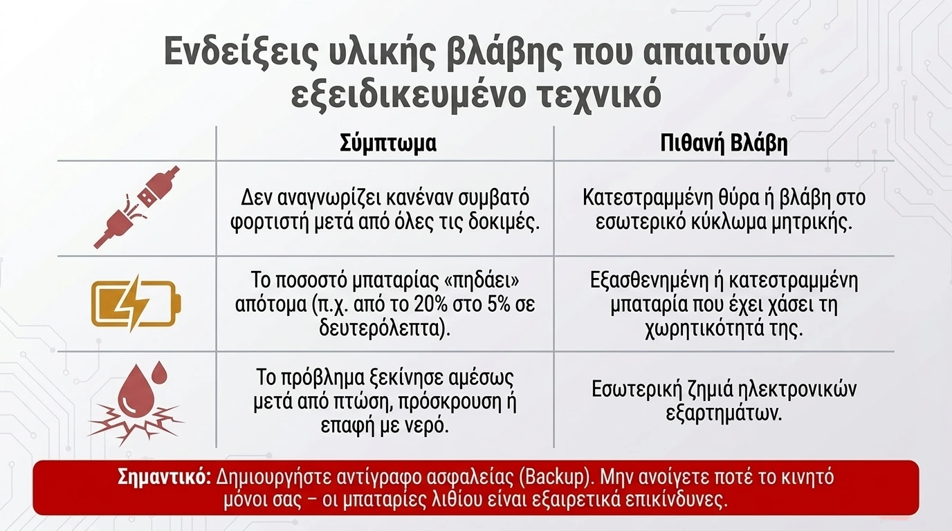 Πίνακας με τρία συμπτώματα υλικής βλάβης και την πιθανή αιτία τους, με υπενθύμιση για αντίγραφο ασφαλείας