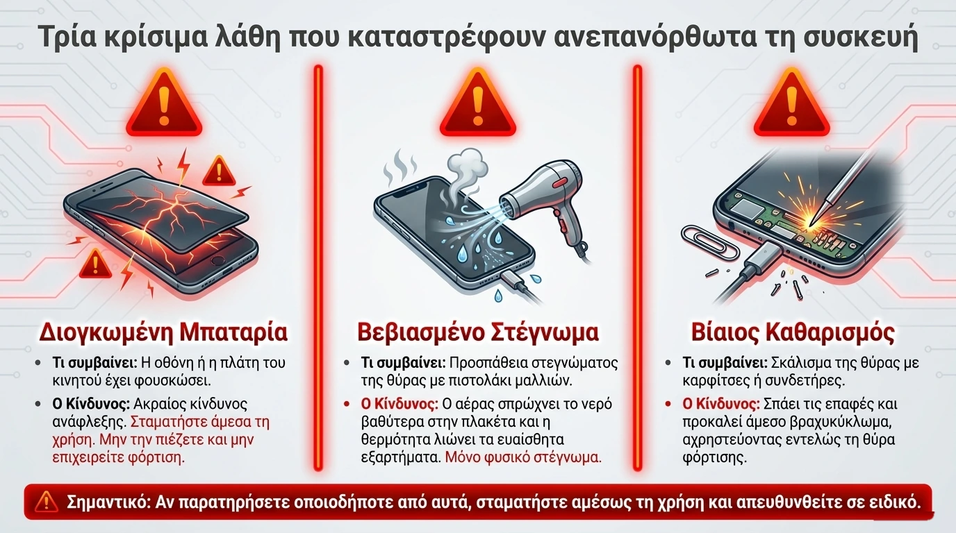 Τρία κρίσιμα λάθη που καταστρέφουν τη συσκευή: διογκωμένη μπαταρία, στέγνωμα με πιστολάκι και βίαιος καθαρισμός της θύρας