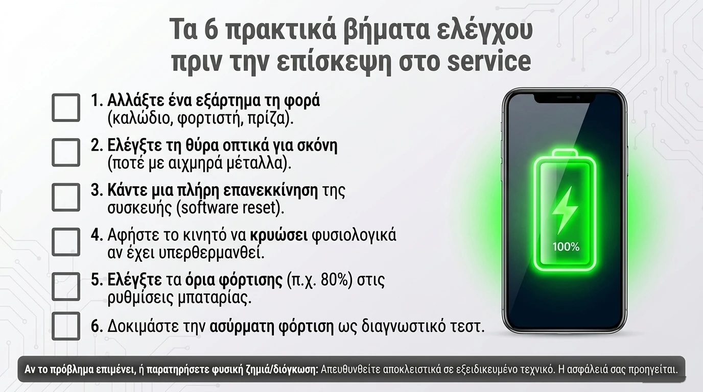 Λίστα με τους έξι ελέγχους πριν από την επίσκεψη στο service, από την αλλαγή εξαρτήματος μέχρι τη δοκιμή ασύρματης φόρτισης