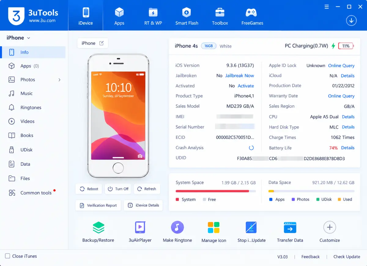 Περιβάλλον του 3uTools σε Windows για τη διαχείριση iPhone και iPad