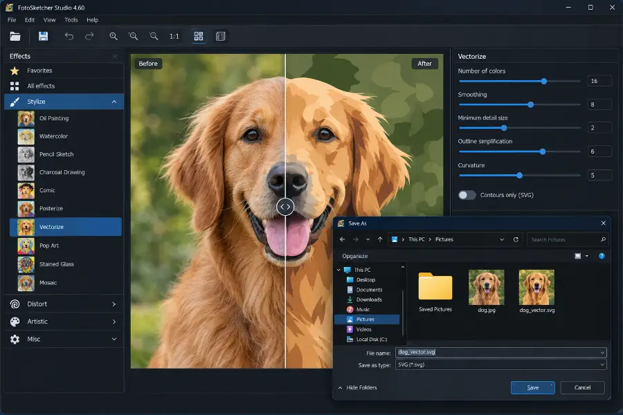 Το εφέ Vectorize του FotoSketcher Studio 4.60 με τα ρυθμιστικά χρωμάτων και την αποθήκευση σε αρχείο SVG