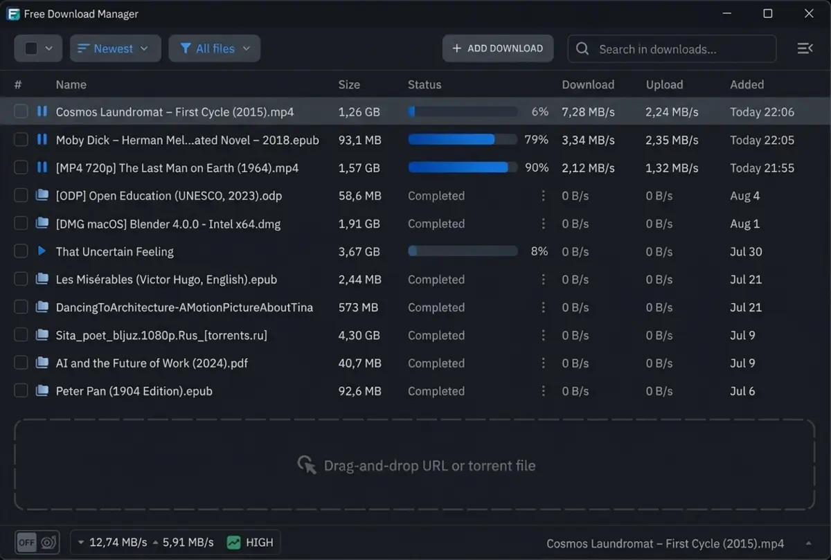 Το περιβάλλον του Free Download Manager για τη διαχείριση αρχείων