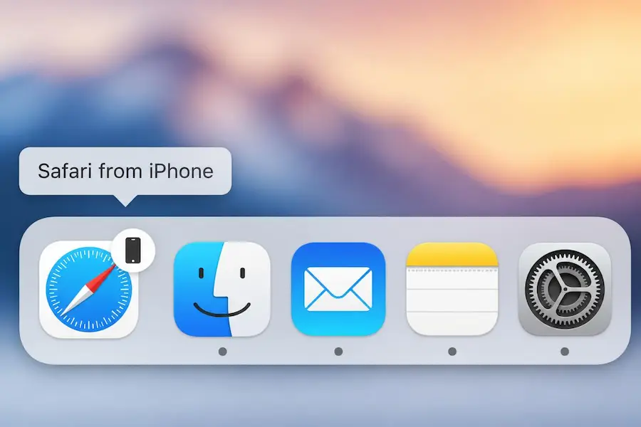 Mac Dock with a Safari Handoff icon from the iPhone at its left end
