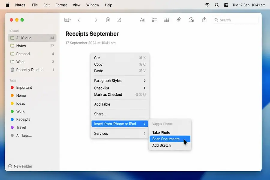 Right-click menu in Mac Notes with Insert from iPhone and the Scan Documents option