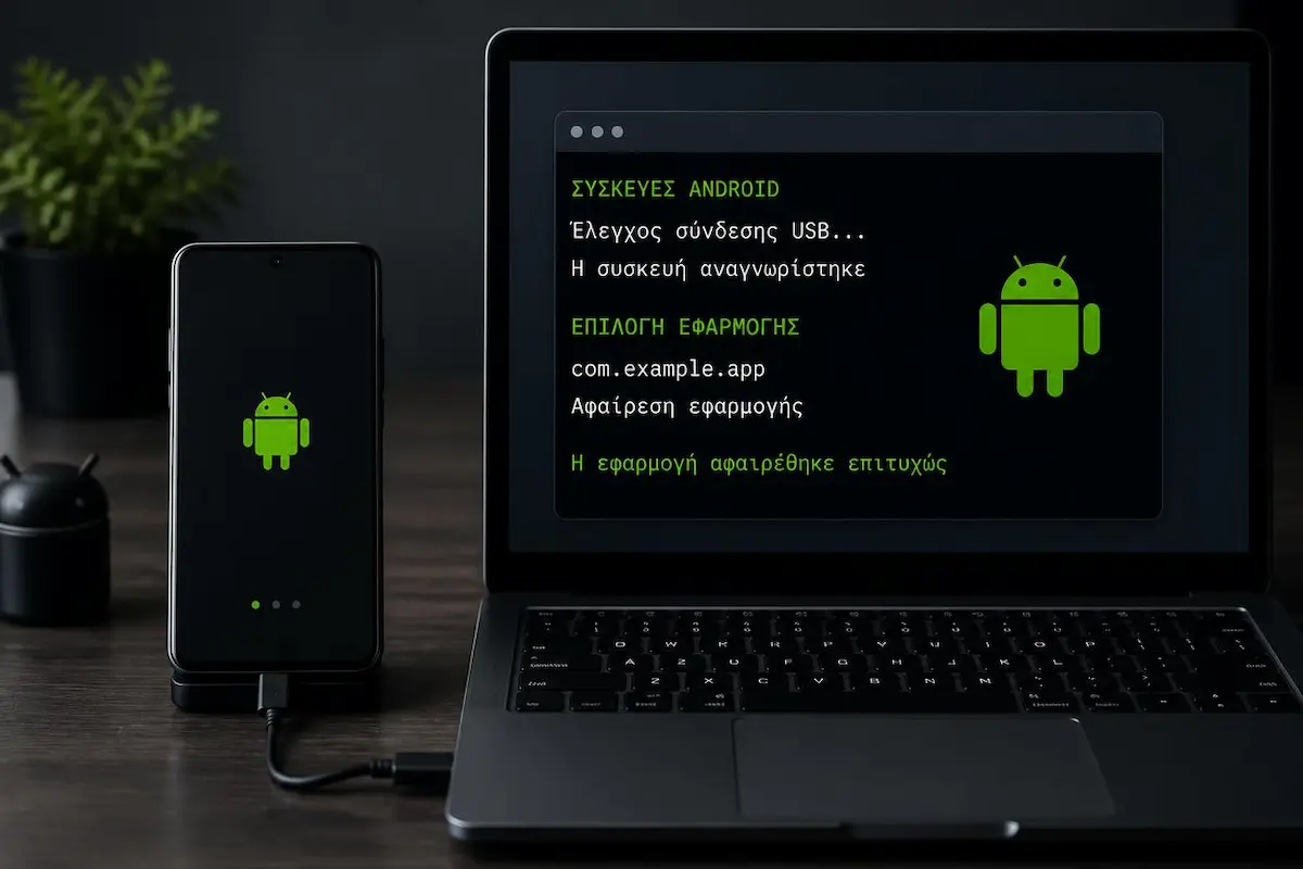 Κινητό Android συνδεδεμένο με καλώδιο USB σε υπολογιστή για χρήση του ADB