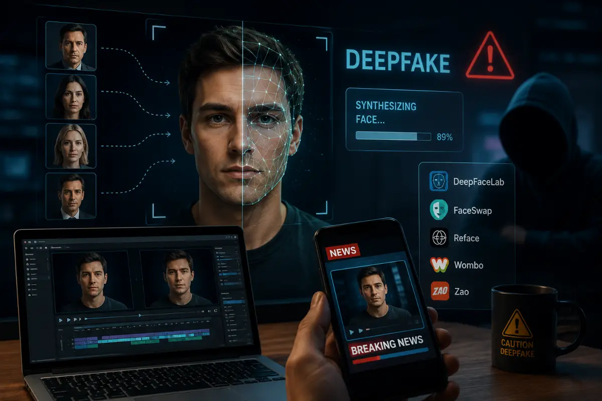 Απεικόνιση τεχνολογίας Deepfake AI με ψηφιακή αναγνώριση προσώπου, επεξεργασία βίντεο και εργαλεία τεχνητής νοημοσύνης
