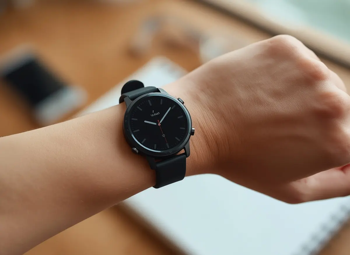 Black Amazfit Bip 6 smartwatch with a bright AMOLED screen worn on a wrist