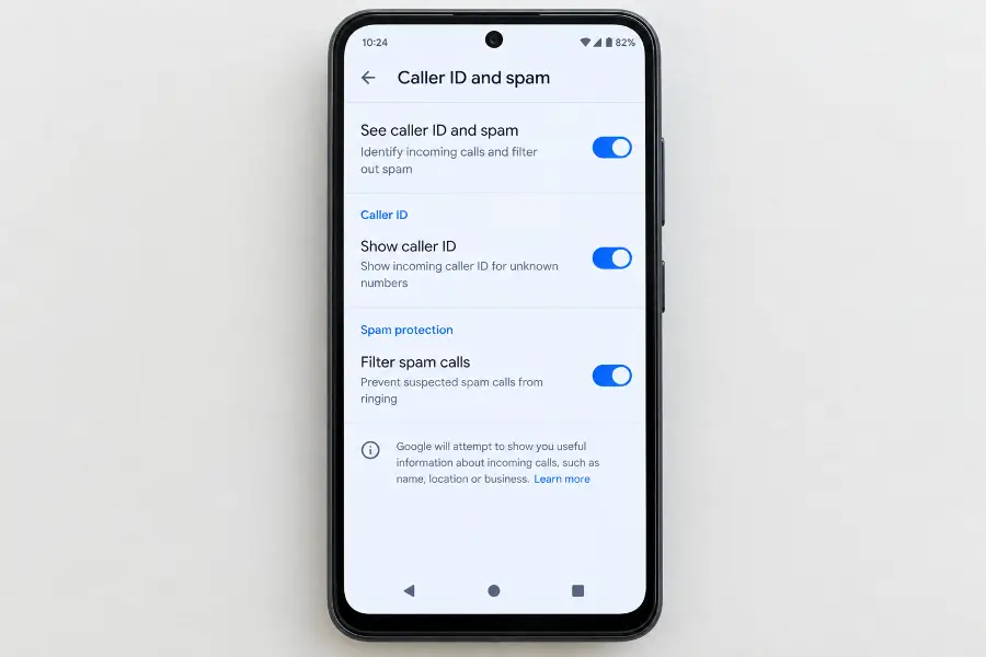 Google Phone app caller ID and spam protection controls on Android