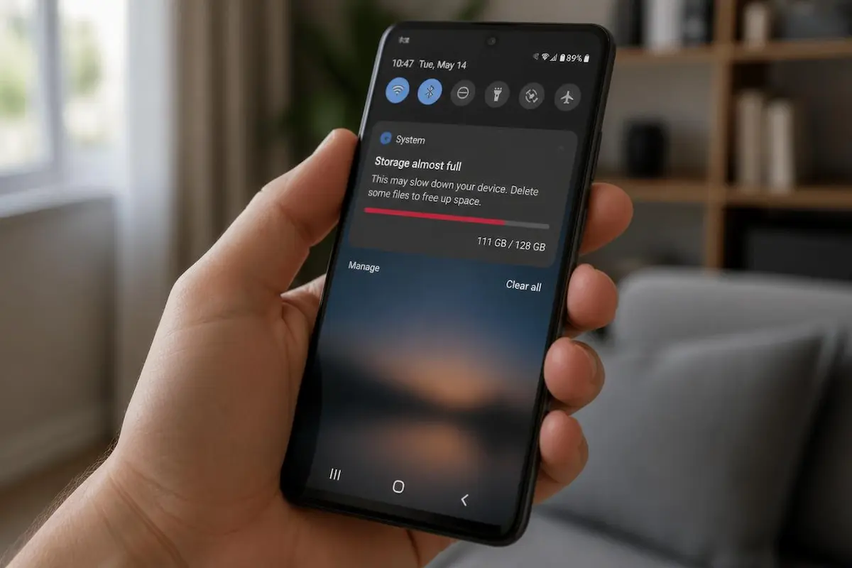 Android phone showing a storage almost full warning on the screen