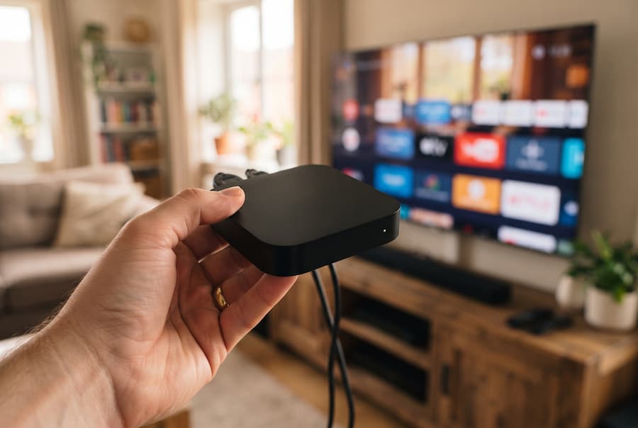 Χέρι κρατά ένα μικρό μαύρο TV Box μπροστά από μια Smart TV σε σαλόνι
