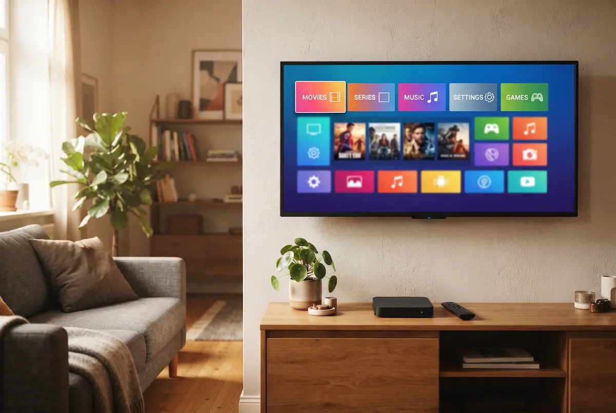 Σαλόνι με Smart TV και ένα μικρό μαύρο TV Box δίπλα στην τηλεόραση