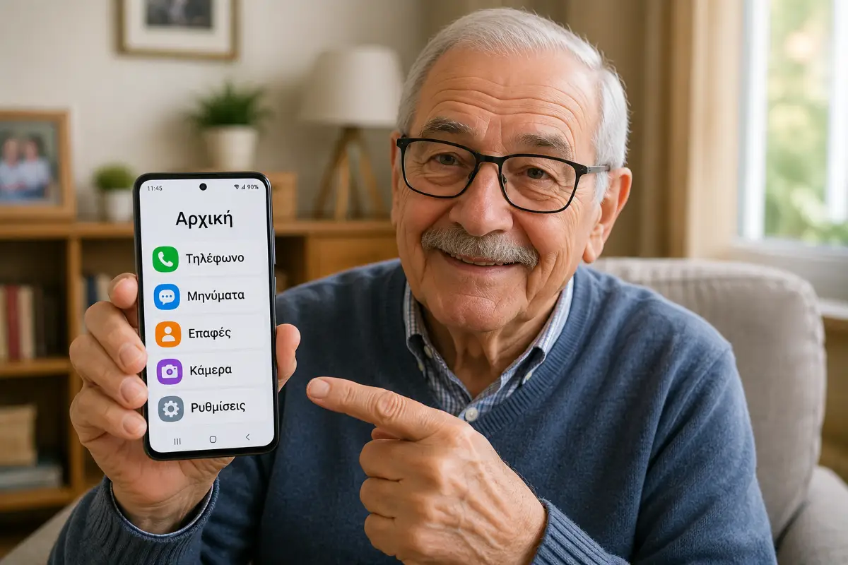 Ηλικιωμένος που κρατάει smartphone Android με μεγάλα ευανάγνωστα γράμματα στην οθόνη