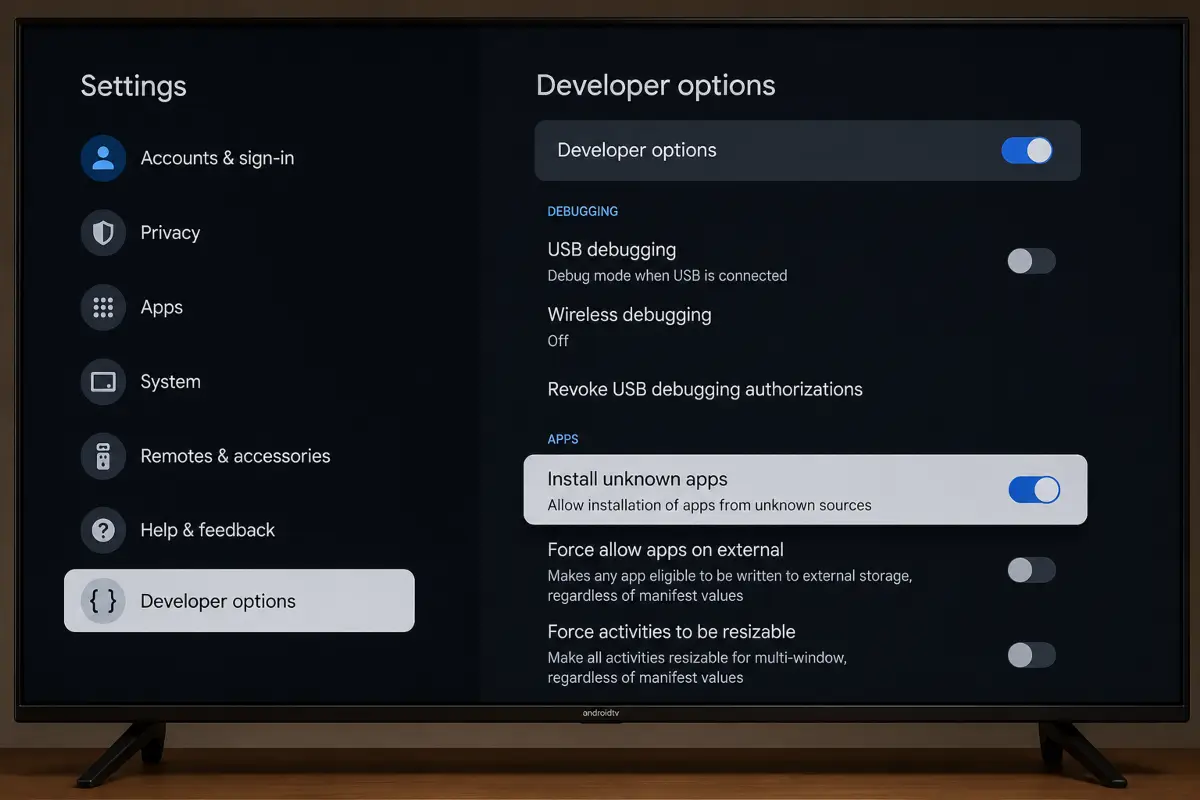 Οθόνη Android TV με τις ρυθμίσεις Developer Options ενεργοποιημένες