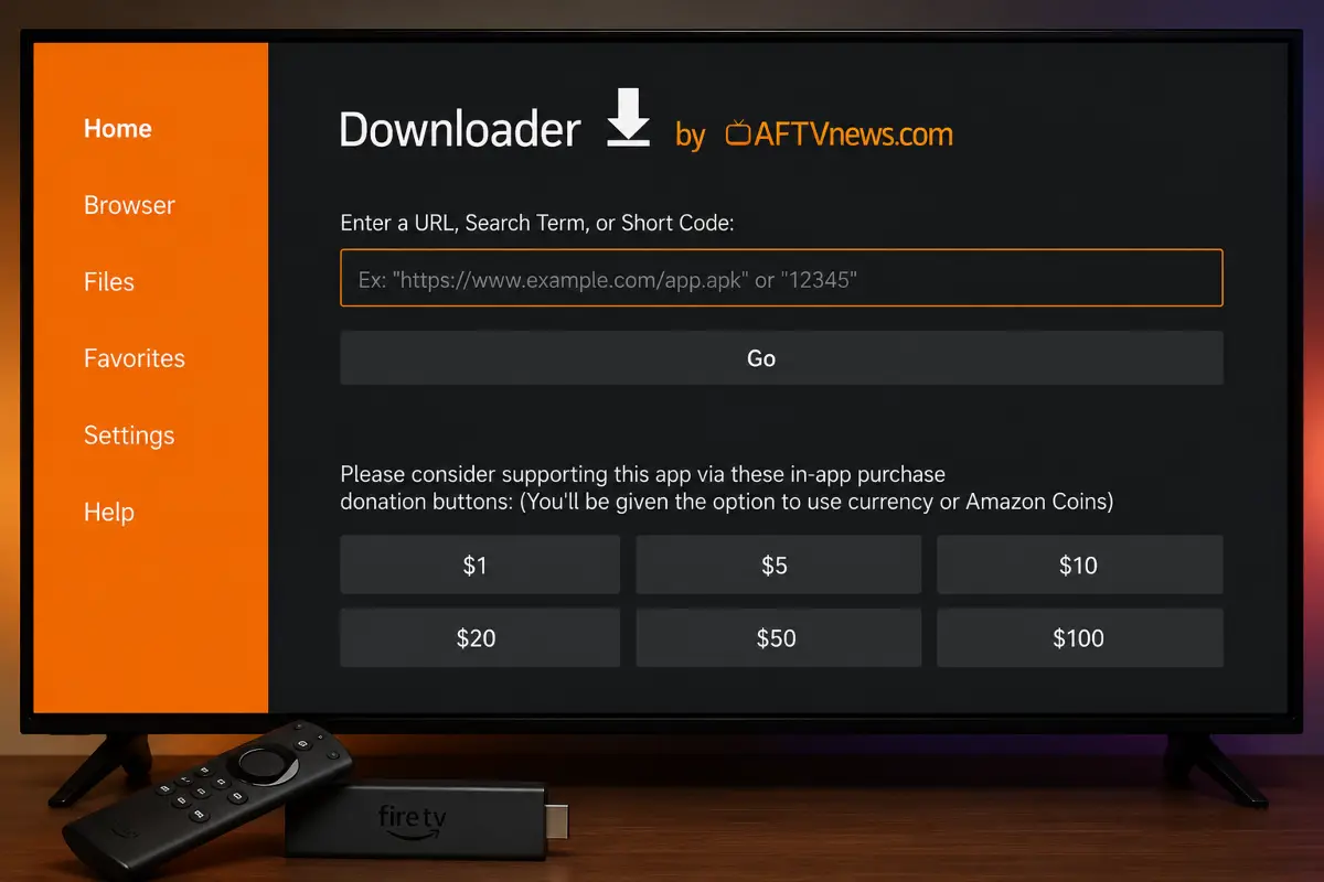 Amazon Fire TV Stick με την εφαρμογή Downloader και πεδίο εισαγωγής διεύθυνσης URL