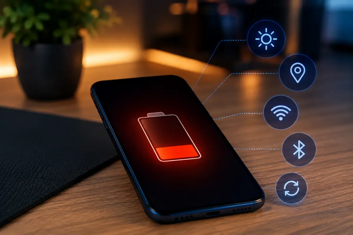 Smartphone Android με χαμηλή μπαταρία και εικονίδια ρυθμίσεων που επηρεάζουν την κατανάλωση ενέργειας
