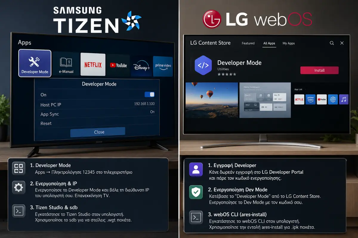Samsung Tizen και LG webOS σε λειτουργία Developer Mode για εγκατάσταση εφαρμογών