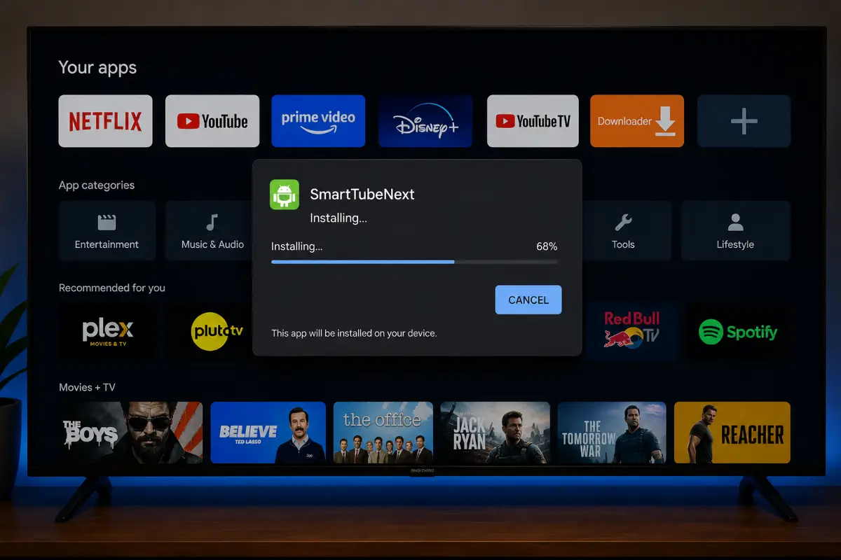 Οθόνη smart TV με πλέγμα εικονιδίων εφαρμογών και ένα αρχείο APK να εγκαθίσταται σε αυτήν