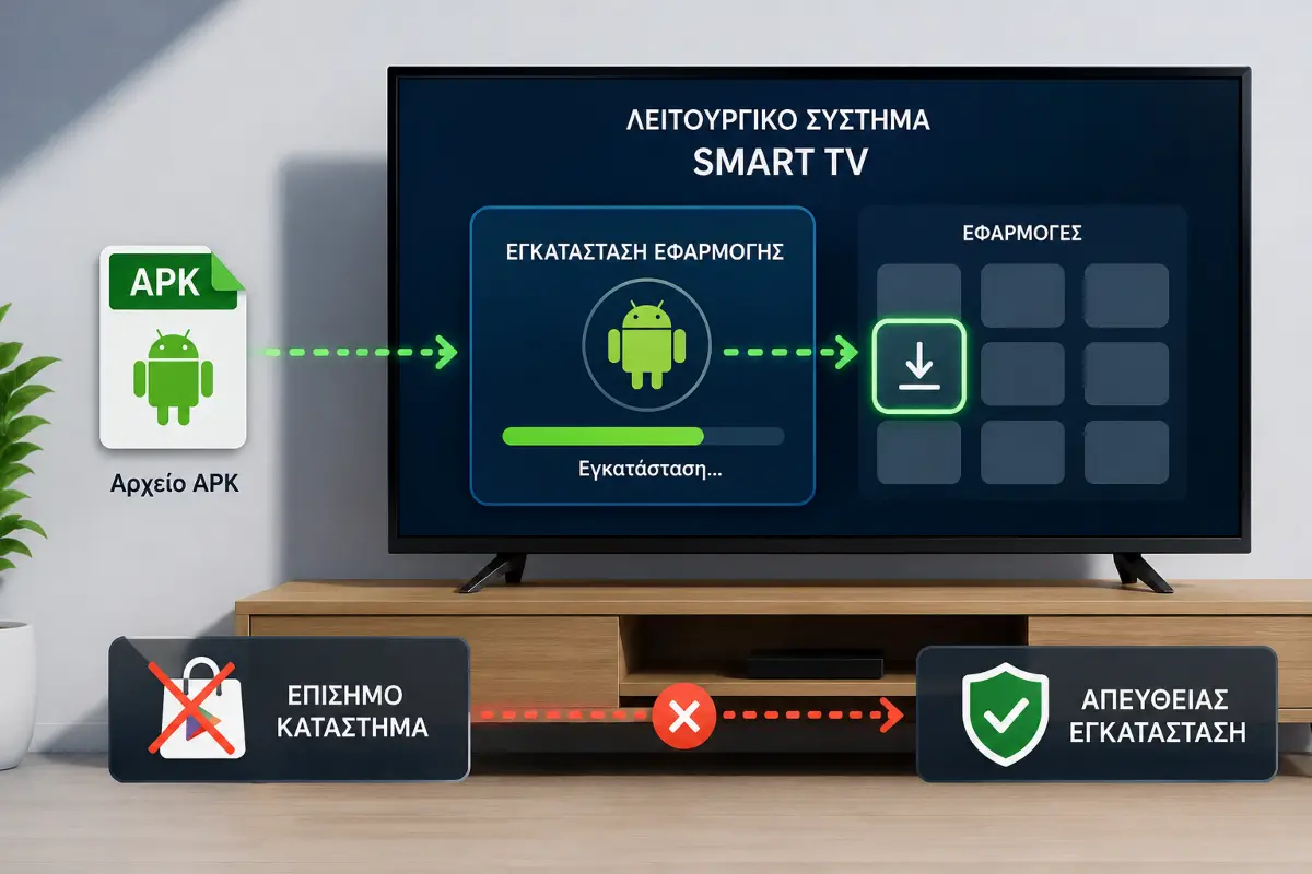 Σχηματική απεικόνιση της διαδικασίας sideloading από αρχείο εφαρμογής προς λειτουργικό σύστημα Smart TV