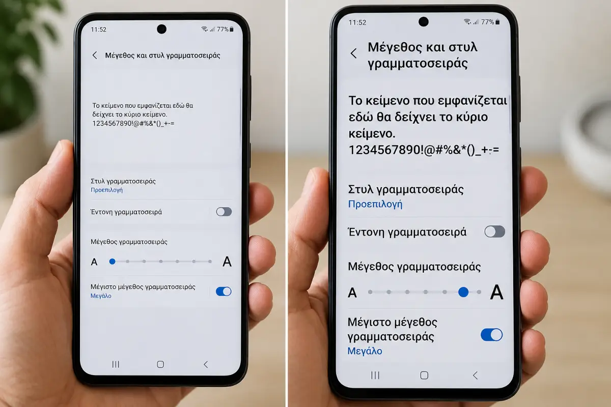 Σύγκριση κανονικού μεγέθους γραμμάτων με μεγάλα γράμματα σε οθόνη Android