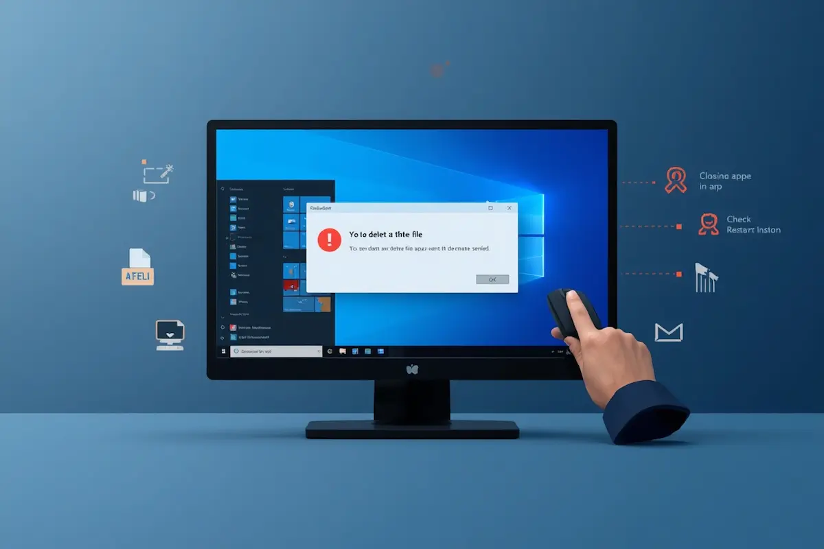 Φορητός υπολογιστής με Windows 11 και παράθυρο που δείχνει ότι ένα αρχείο δεν μπορεί να διαγραφεί