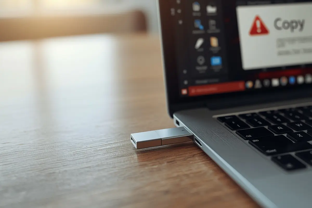 USB stick συνδεδεμένο σε laptop με μήνυμα σφάλματος για αρχείο μεγαλύτερο από 4 GB