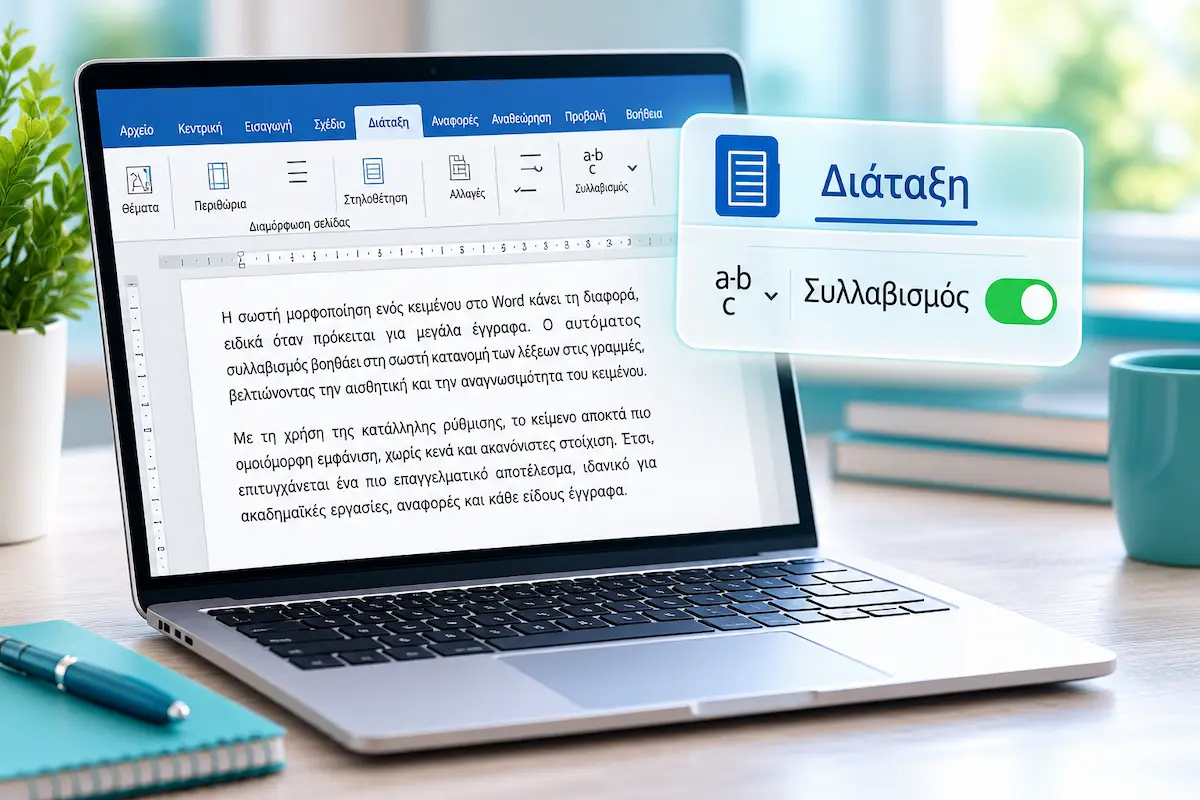 Το Word με ελληνικό κείμενο και ενεργοποιημένο τον αυτόματο συλλαβισμό