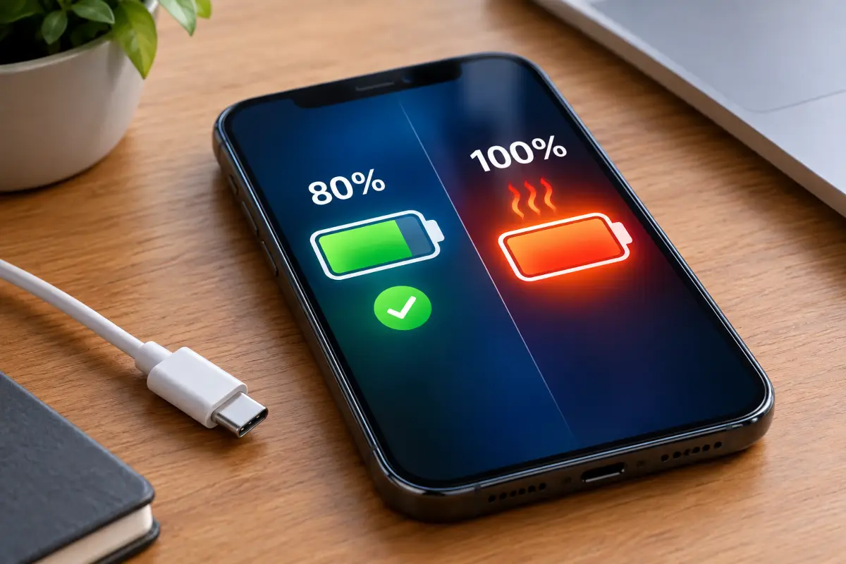 Φόρτιση smartphone σε βάση με ενδείξεις 80% και 100%