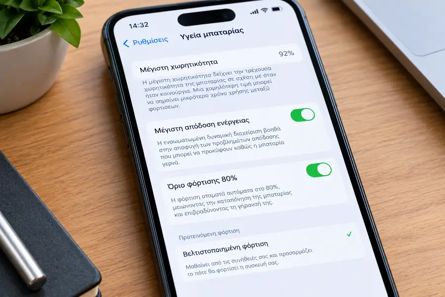 Οθόνη ρυθμίσεων μπαταρίας σε smartphone με ενεργοποιημένο το όριο 80%