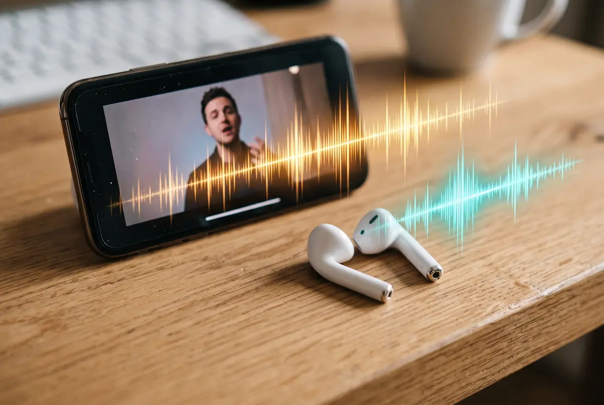 Ασύρματα ακουστικά Bluetooth δίπλα σε κινητό με ηχητικό κύμα που φτάνει με καθυστέρηση