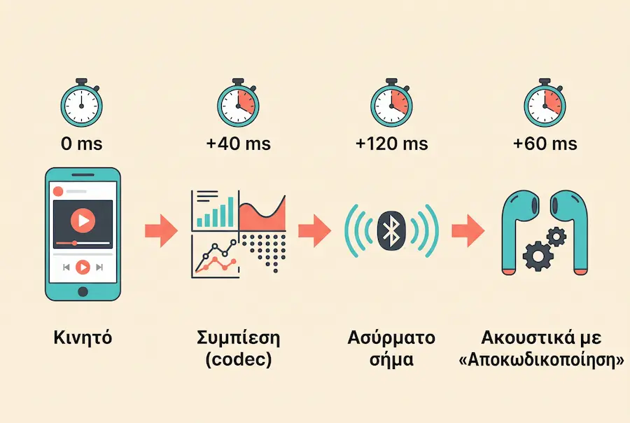 Διάγραμμα που δείχνει τη διαδρομή του ήχου από το κινητό στα ακουστικά Bluetooth