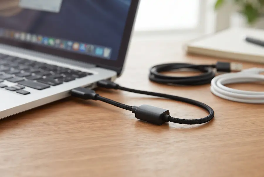 Μικρός USB προσαρμογέας Bluetooth συνδεδεμένος με καλώδιο προέκτασης δίπλα σε laptop