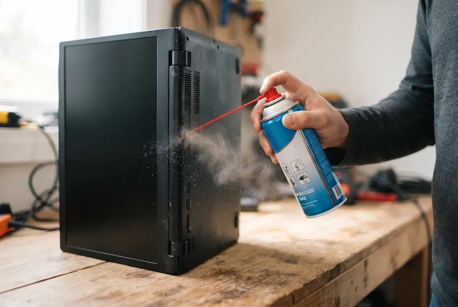 Short burst of compressed air cleaning dust from the rear vent of a laptop