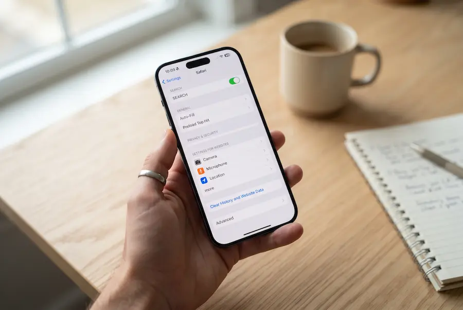 iPhone showing the Safari settings screen with the Clear History and Website Data option highlighted