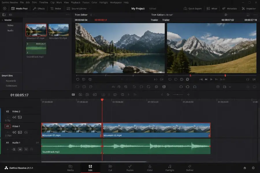 Το Trim Editor του DaVinci Resolve 21.1.1 με επιλεγμένα σημεία κοπής σε κλιπ εικόνας και ήχου