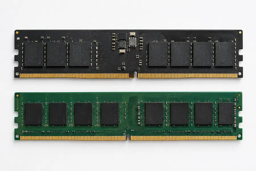 Σύγκριση μιας μνήμης DDR5 και μιας DDR4 δίπλα δίπλα με διαφορετική θέση της εγκοπής
