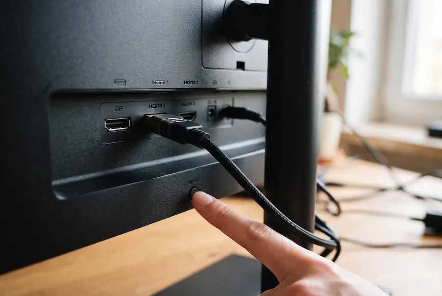 Πίσω πλευρά οθόνης με καλώδιο HDMI συνδεδεμένο σε θύρα και χέρι που πατά το κουμπί εισόδου