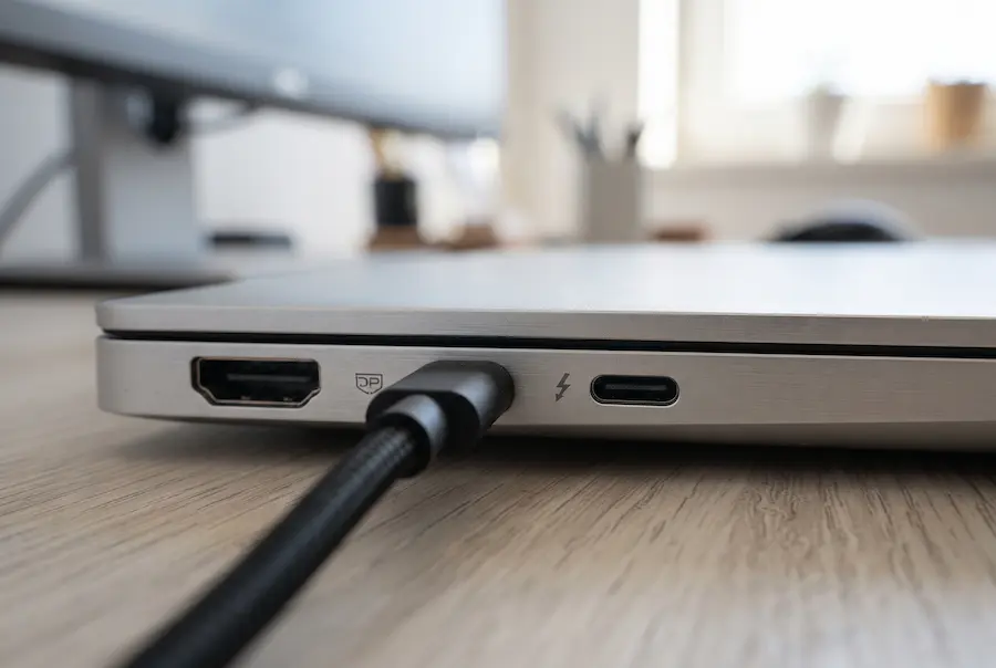Πλαϊνή πλευρά φορητού υπολογιστή με θύρα HDMI και δύο θύρες USB-C, εκ των οποίων η μία έχει σύμβολο εικόνας και καλώδιο συνδεδεμένο
