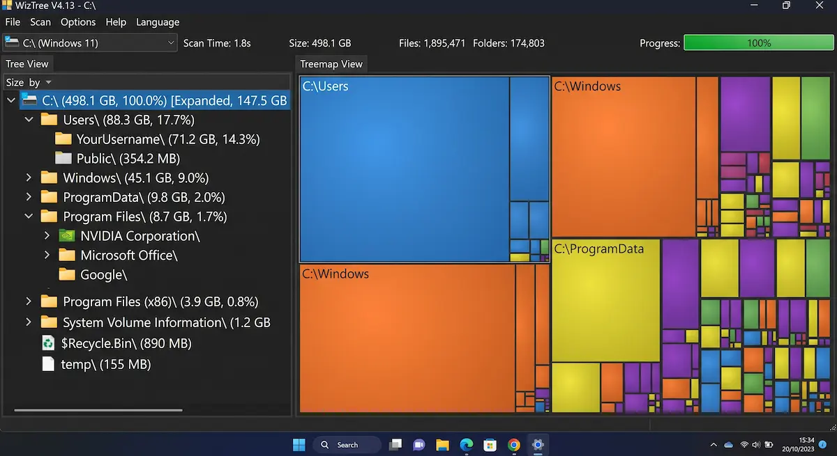 Φορητός υπολογιστής με Windows 11 που δείχνει τον δίσκο C: σχεδόν γεμάτο, με κόκκινη μπάρα χώρου