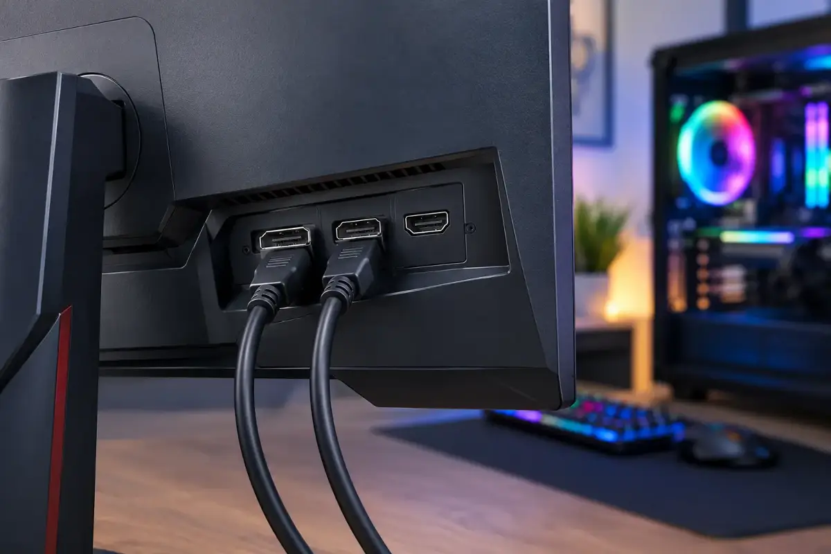 Καλώδια DisplayPort και HDMI δίπλα στο πίσω μέρος μιας σύγχρονης οθόνης gaming