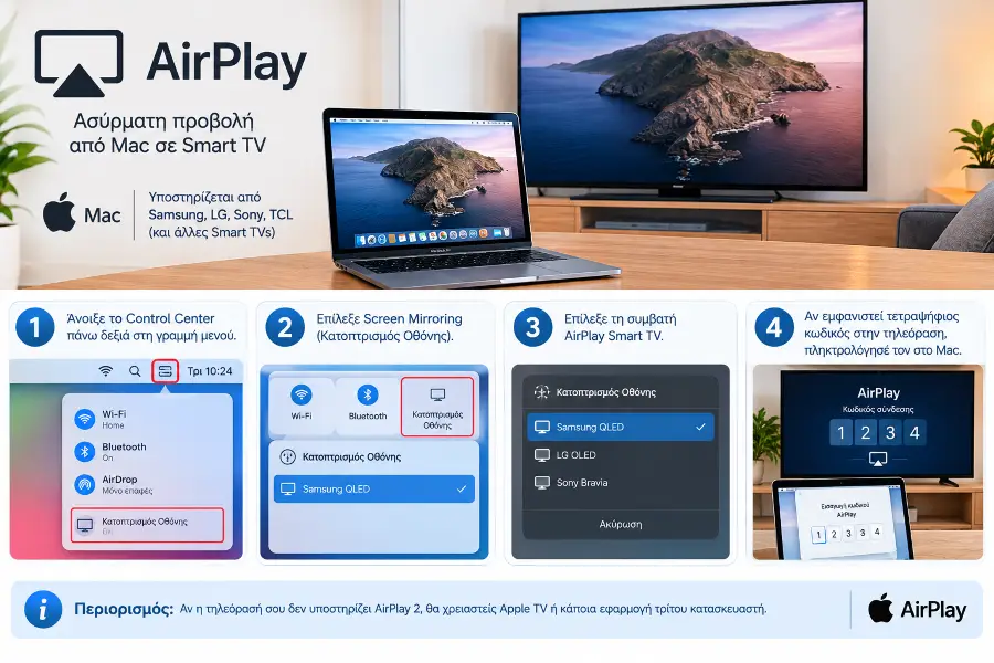 Βήματα σύνδεσης Mac με Smart TV μέσω AirPlay