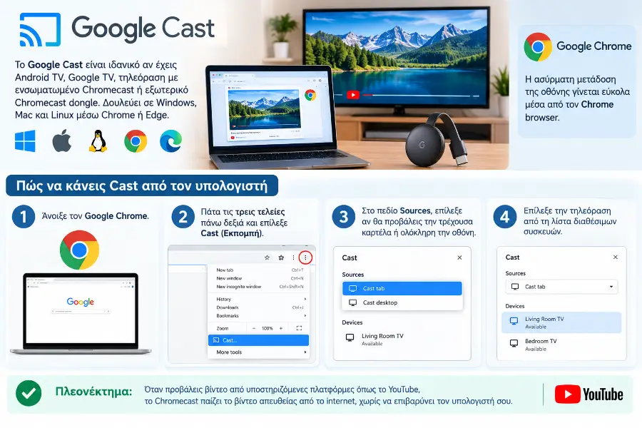 Google Cast από υπολογιστή σε τηλεόραση μέσω Chrome