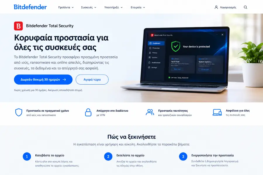 Οθόνη εγκατάστασης antivirus με επιλογή δωρεάν δοκιμαστικής περιόδου