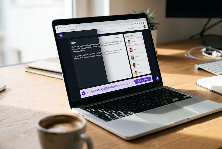 Text-to-speech workspace with a voice library and waveform on a laptop screen